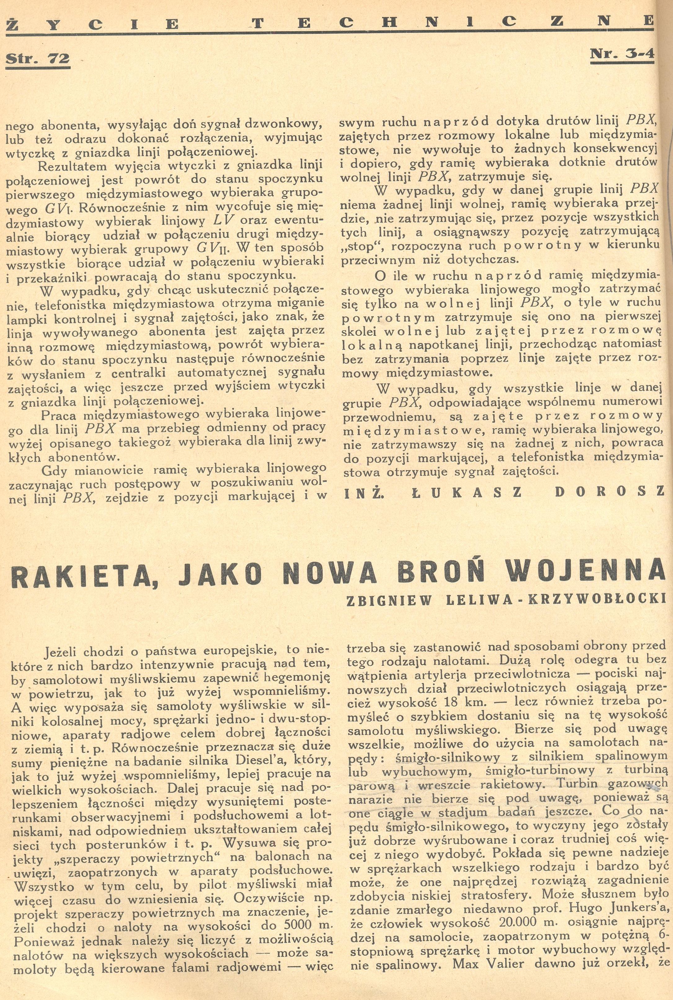 Krzywobłocki Z. L. Możliwości zastosowania rakiet prochowych w lotnictwie wojskowem